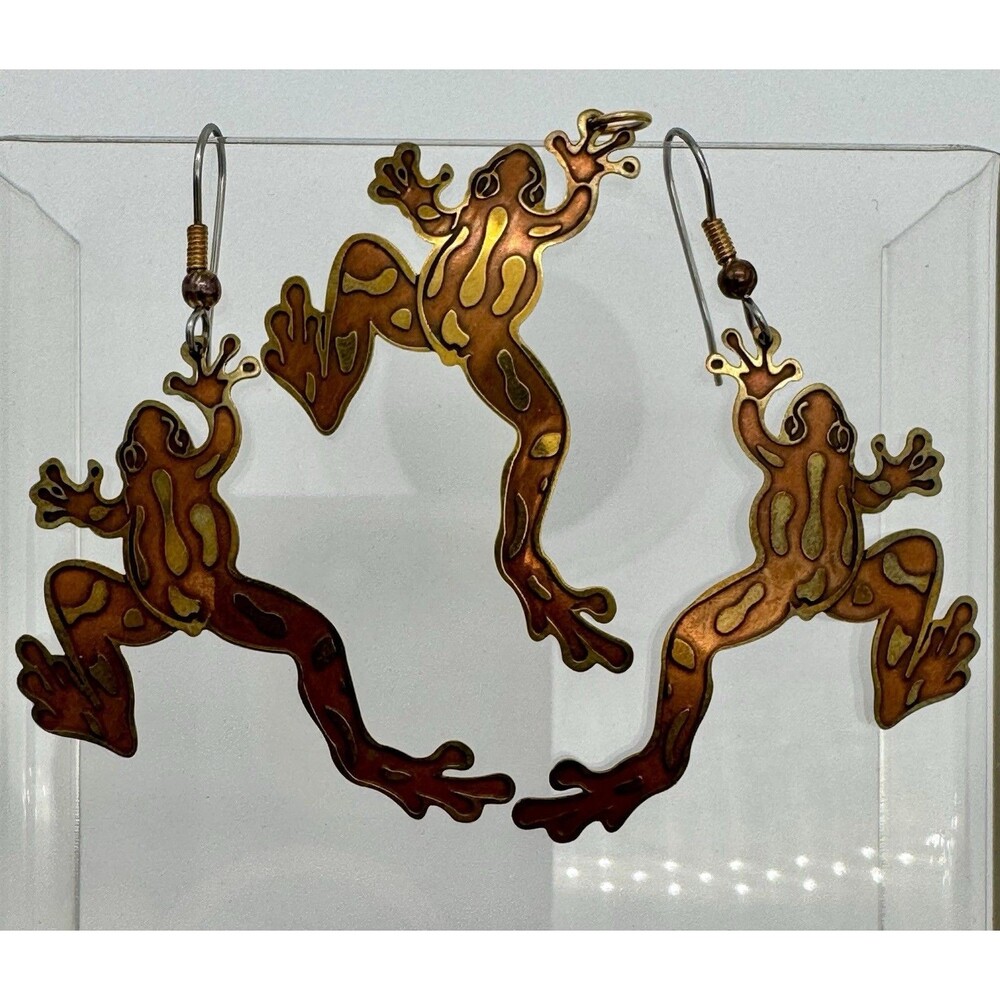 Vtg Frog Dangle Earrings Pendant Set Copper Brass Tone Lightweight Boho gift fun